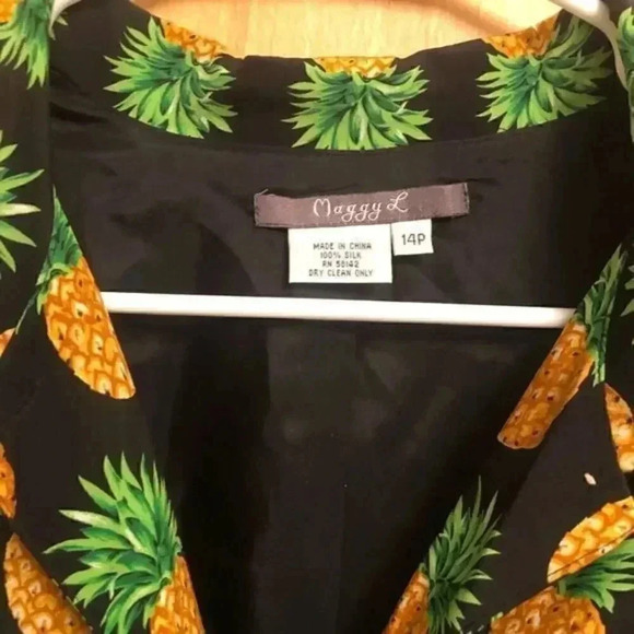 VTG 90s Maggy L Women's Pineapple Print Button‎ Down Long Sleeve Silk Blazer 14P - Picture 3 of 7